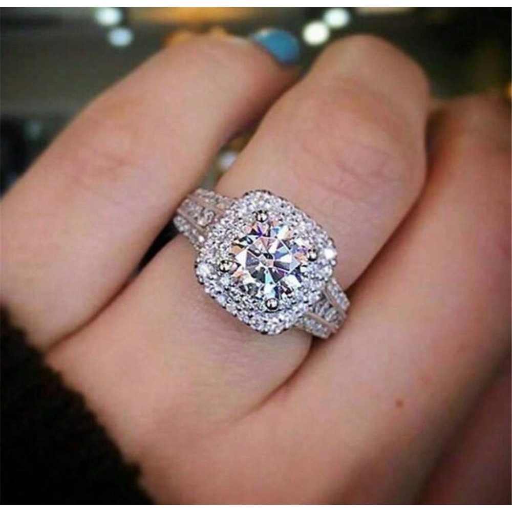 Silver Tone Cushion Cut Double Halo Statement Ring Costume Jewelry Size 8